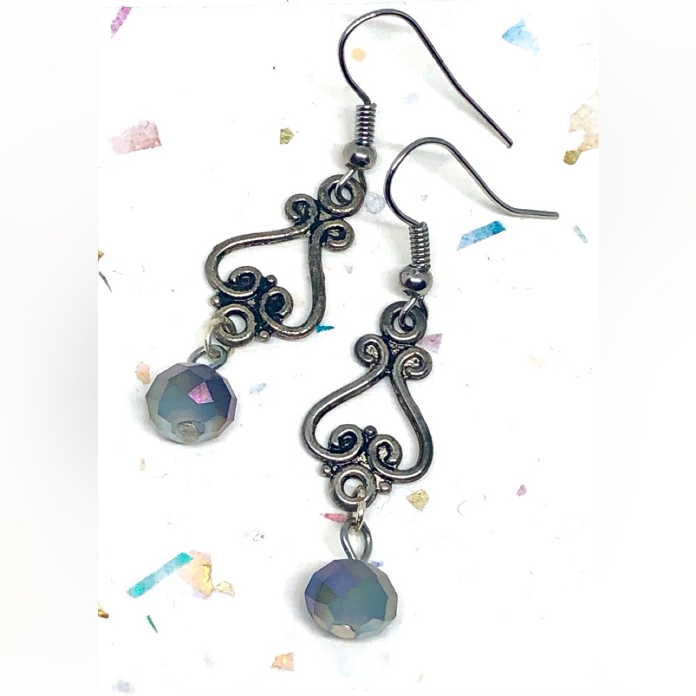 Gray Opaque Half AB Purple Crystal Antique Silver Tn Scroll Harp Dangle Earrings